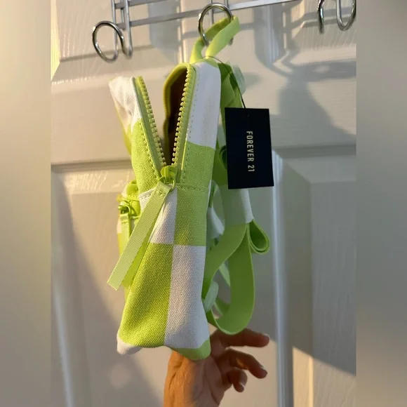 NEW NWT ๐๐ค lime green white checkered flag backpack ๐ handbag purse small - Picture 9 of 9